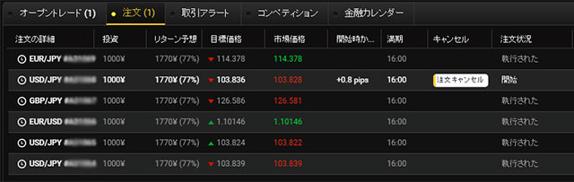 注文取引の一覧