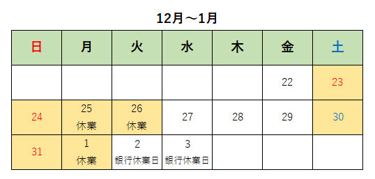 ザオプションの年末年始のスケジュール